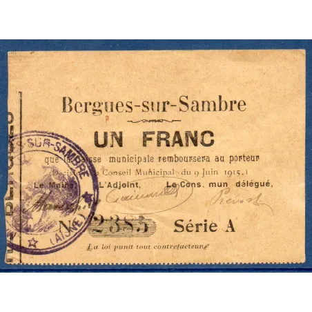Bon municipal Bergues-sur-Sambre 1 franc, TTB, 9.6.1915 Pirot 02-210 Billet