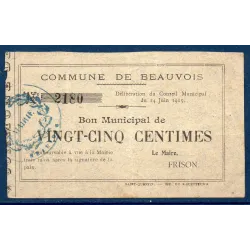 Bon municipal Beauvois 25 centimes, TB+, 14.6.1915 Pirot 02-160 Billet