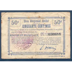Bon régional unifié Etaves-et-Bocquiaux 50 centimes, B, ND Pirot 02-732b Billet