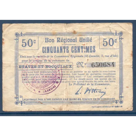 Bon régional unifié Etaves-et-Bocquiaux 50 centimes, B, ND Pirot 02-732b Billet