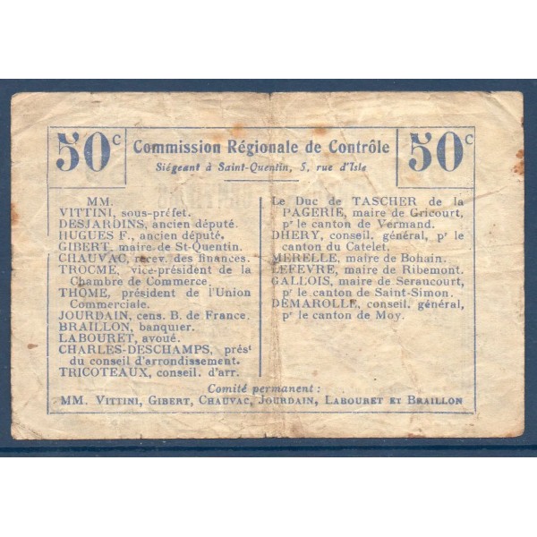 Bon régional unifié Etaves-et-Bocquiaux 50 centimes, B, ND Pirot 02-732b Billet