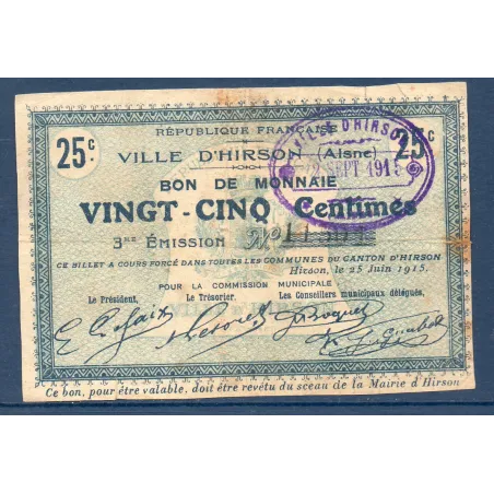 Bon ville Hirson 25 centimes, B, 25.6.1915 Pirot 02-1180 Billet