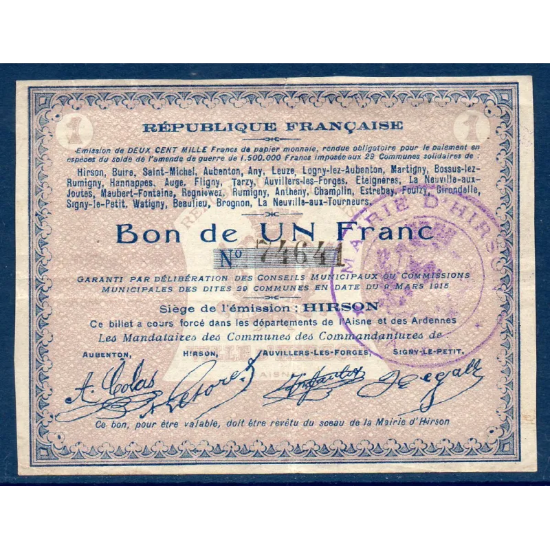 Bon ville Hirson 1 franc, TB, 9.3.1915 Pirot 02-1188 Billet Bon ville Hirson 1 franc, TB, 9.3.1915 Pirot 02-1188 Billet