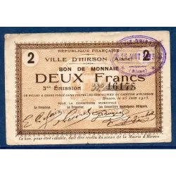 Bon ville Hirson 2 francs, TB-, 25.6.1915 Pirot 02-1182 Billet