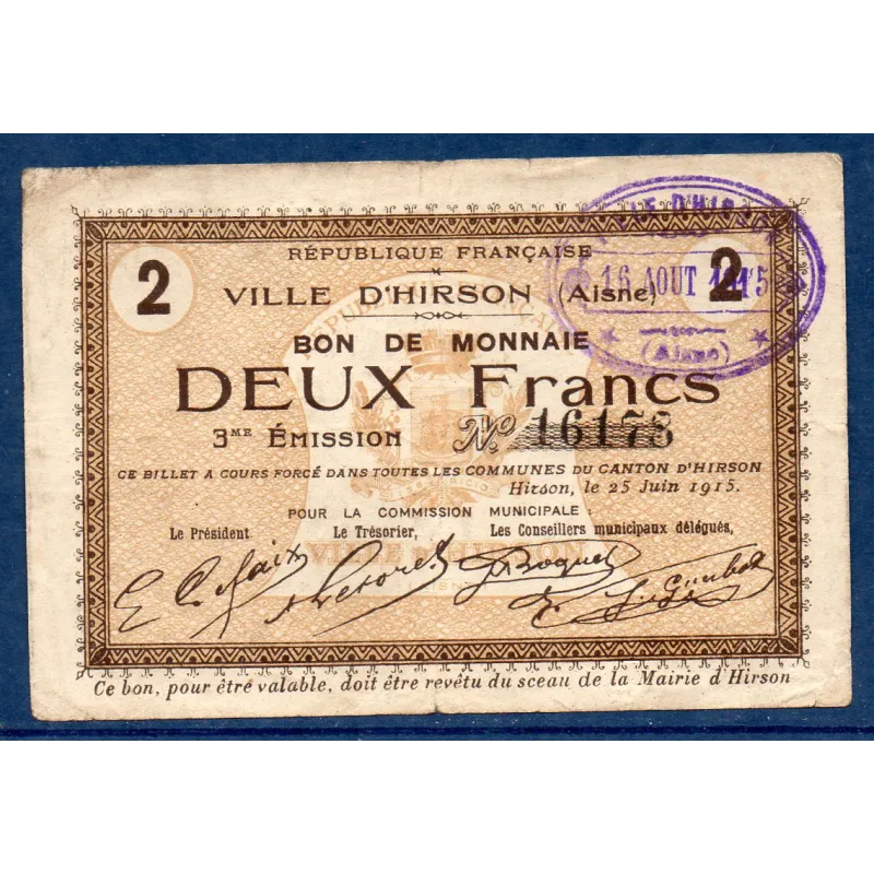 Bon ville Hirson 2 francs, TB-, 25.6.1915 Pirot 02-1182 Billet