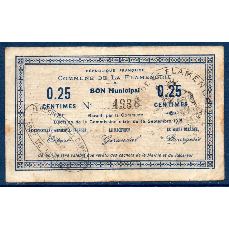 Bon municipal La Flamengrie 25 centimes, TB, 16.9.1915 Pirot 02-843 Billet Bon municipal La Flamengrie 25 centimes, TB, 16.9.1915 Pirot 02-843 Billet
