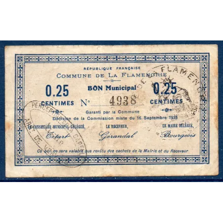 Bon municipal La Flamengrie 25 centimes, TB, 16.9.1915 Pirot 02-843 Billet