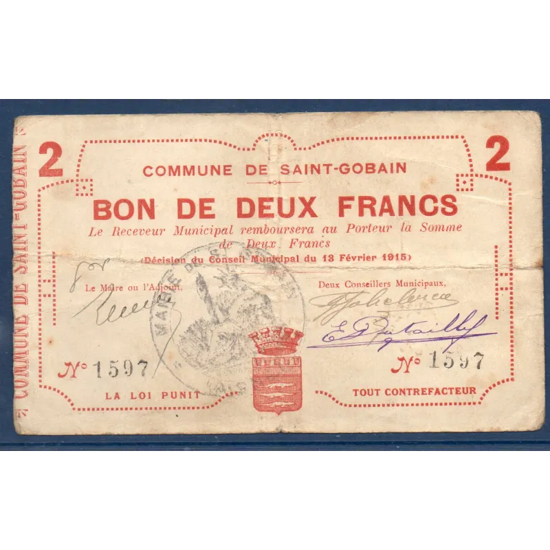 Bon municipal Saint Gobain 2 francs, TB, 13.2.1915 Pirot 02-1997 Billet Bon municipal Saint Gobain 2 francs, TB, 13.2.1915 Pirot 02-1997 Billet