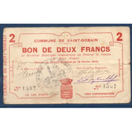 Bon municipal Saint Gobain 2 francs, TB, 13.2.1915 Pirot 02-1997 Billet