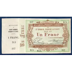 Bon Manufactures St Gobain, Chauny et Cirey 1 franc, TTB réparé, 10.10.1870 Billet