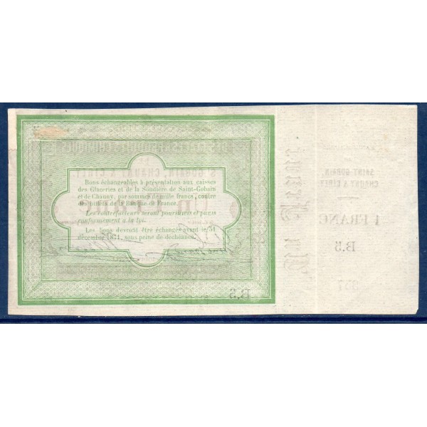 Bon Manufactures St Gobain, Chauny et Cirey 1 franc, TTB réparé, 10.10.1870 Billet