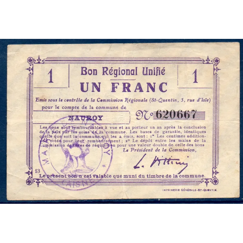 Bon régional unifié Nauroy 1 franc, TB, ND Pirot 02-1638c Billet Bon régional unifié Nauroy 1 franc, TB, ND Pirot 02-1638c Billet