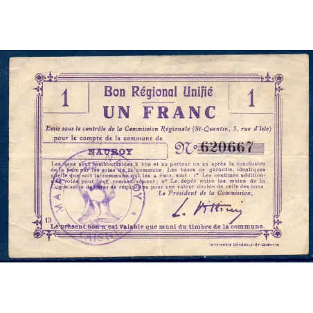 Bon régional unifié Nauroy 1 franc, TB, ND Pirot 02-1638c Billet
