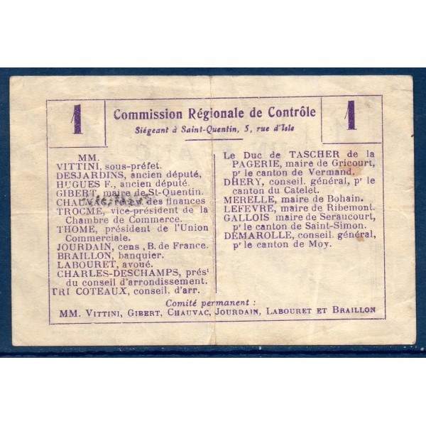 Bon régional unifié Nauroy 1 franc, TB, ND Pirot 02-1638c Billet