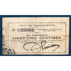 Bon ville Saint-Quentin 25 centimes, B, 3.8.1914 Pirot 02-2028 Billet