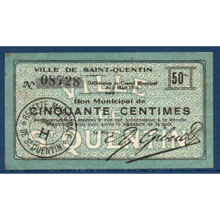 Bon ville Saint-Quentin 50 centimes, TB, 6.3.1916 Pirot 02-2045 Billet