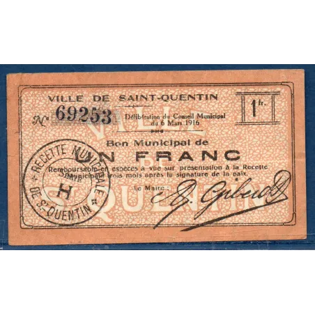 Bon ville Saint-Quentin 1 franc, TB+, 6.3.1916 Pirot 02-2046 Billet