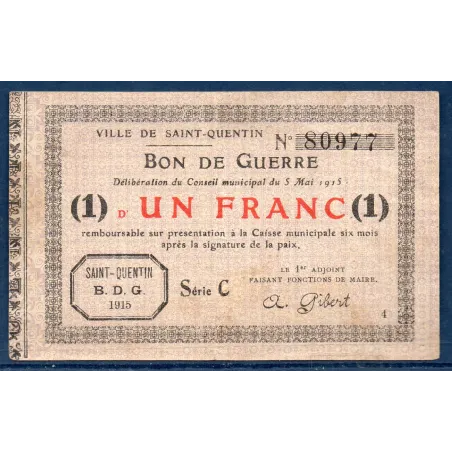 Bon de Guerre Saint-Quentin 1 franc, TB, 3.1.1916 Pirot 02-2082 Billet