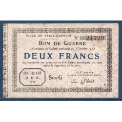 Bon de Guerre Saint-Quentin 2 francs, TB, 3.1.1916 Pirot 02-2083 Billet