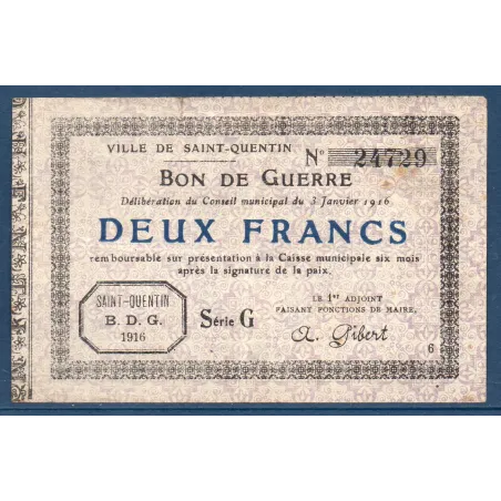 Bon de Guerre Saint-Quentin 2 francs, TB, 3.1.1916 Pirot 02-2083 Billet