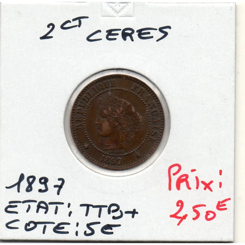 2 centimes Cérès 1897 TTB+, France pièce de monnaie 2 centimes Cérès 1897 TTB+, France pièce de monnaie