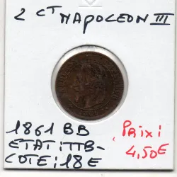 2 centimes Napoléon III tête laurée 1861 BB Strasbourg TTB-