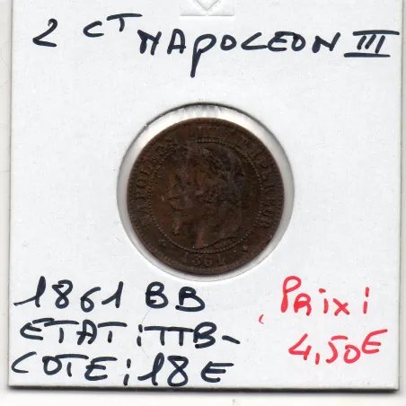 2 centimes Napoléon III tête laurée 1861 BB Strasbourg TTB-