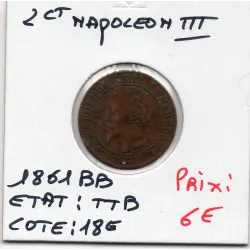 2 centimes Napoléon III tête laurée 1861 BB Strasbourg TTB