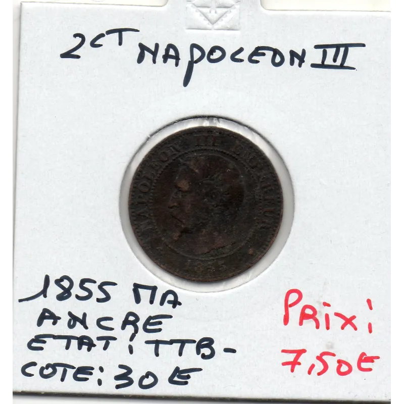 2 centimes Napoléon III tête nue 1855 MA ancre Marseille TTB-, France pièce de monnaie 2 centimes Napoléon III tête nue 1855 MA ancre Marseille TTB-, France pièce de monnaie