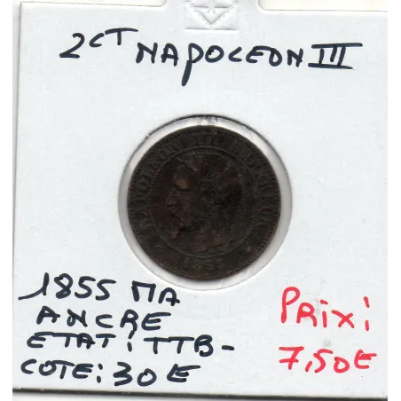 2 centimes Napoléon III tête nue 1855 MA ancre Marseille TTB-, France pièce de monnaie