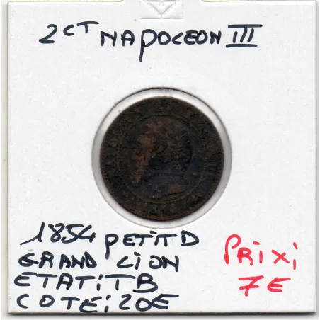 2 centimes Napoléon III tête nue 1854 petit D grand lion Lyon TB
