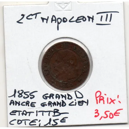 2 centimes Napoléon III tête nue 1855 grand D Ancre Grand Lion TTB-