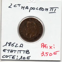 2 centimes Napoléon III tête laurée 1862 A Paris TTB