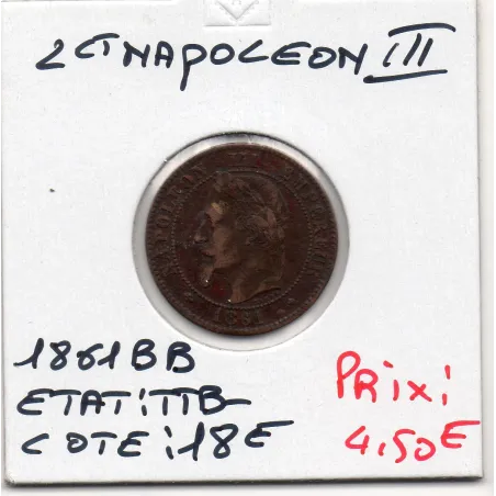 2 centimes Napoléon III tête laurée 1861 BB Strasbourg TTB-