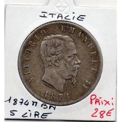 Italie 5 Lire 1874 M BN TTB,  KM.8 VITTORIO EMANUELE
