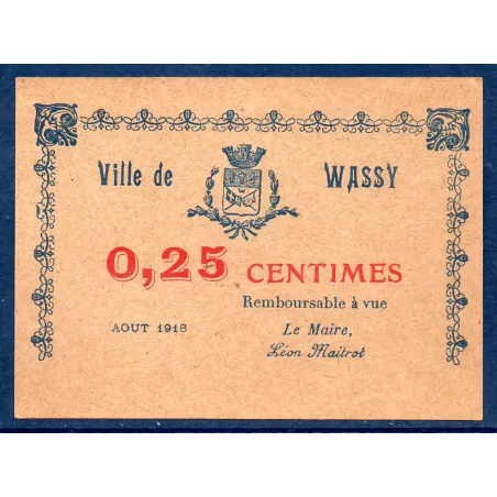 Bon ville Wassy 25 centimes, Spl, 8.1917 Pirot 52-54 Billet