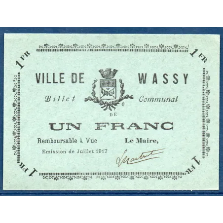 Bon ville Wassy 1 franc, Spl, 7.1917 Pirot 52-53 Billet