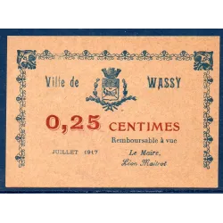 Bon ville Wassy 25 centimes, Spl, 7.1917 Pirot 52-52 Billet