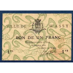 Bon ville Wassy 1 franc, TTB-, 9.1916 Pirot 52-49 Billet