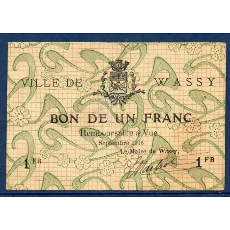Bon ville Wassy 1 franc, TTB-, 9.1916 Pirot 52-49 Billet