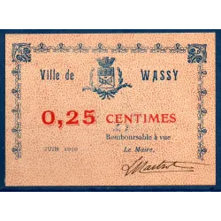 Bon ville Wassy 25 centimes, Spl, 6.1916 Pirot 52-48 Billet