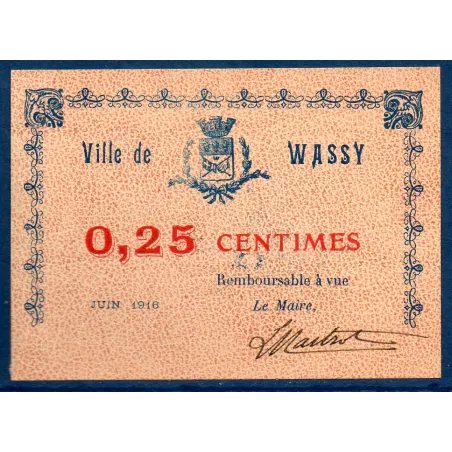 Bon ville Wassy 25 centimes, Spl, 6.1916 Pirot 52-48 Billet