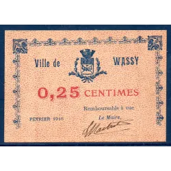 Bon ville Wassy 25 centimes, Spl, 2.1916 Pirot 52-46 Billet
