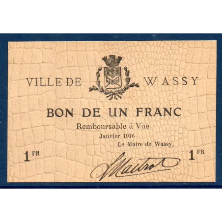 Bon ville Wassy 1 franc, Spl, 1.1916 Pirot 52-45 Billet