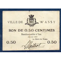Bon ville Wassy 50 centimes, TB, 1.1916 Pirot 52-43 Billet
