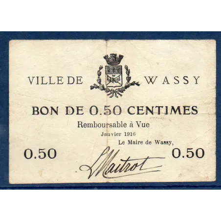 Bon ville Wassy 50 centimes, TB, 1.1916 Pirot 52-43 Billet