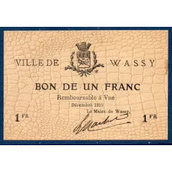 Bon ville Wassy 1 franc, Spl, 10.1915 Pirot 52-34 Billet