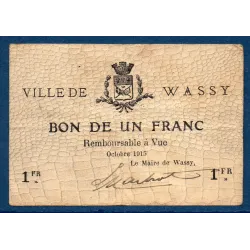 Bon ville Wassy 1 franc, TB, 10.1915 Pirot 52-35 Billet