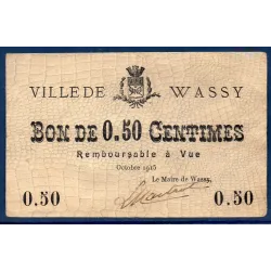 Bon ville Wassy 50 centimes, TTB, 10.1915 Pirot 52-31 Billet