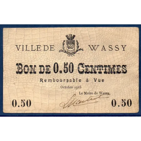 Bon ville Wassy 50 centimes, TTB, 10.1915 Pirot 52-31 Billet